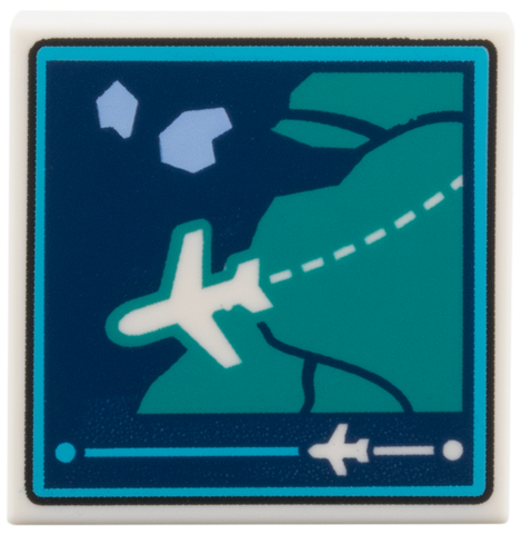 Lego Tile 2 x 2 with Flight Status Monitor, White Plane over Dark Blue Water, Dark Turquoise Land Pattern / White