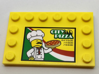 Lego Tile, Modified 4 x 6 with Studs on Edges with Chef, 'CITY PIZZA', Store Hours, and Italian Flag Colors Pattern Model Right Side (Sticker) - Set 60150