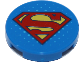 Lego Tile, Round 2 x 2 with Bottom Stud Holder with Red and Yellow Superman 'S' Logo Pattern / Blue