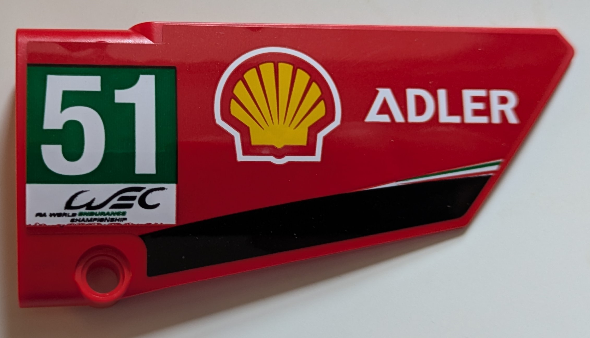 Lego Technic, Panel Fairing #18 Large Smooth, Side B with 'ADLER', Shell Logo, 'WEC FIA WORLD ENDURANCE CHAMPIONSHIP' and White '51' in Green Rectangle Pattern (Sticker) - Set 42125