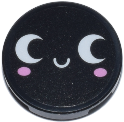 Lego Tile, Round 2 x 2 with Bottom Stud Holder with Face with White Eyes Looking Left and Bright Pink Cheeks Pattern Model Right Side (Sticker) - Set 42653 / Black