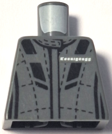 Lego Torso Racing Suit with Koenigsegg Logo, Black Stitching and Stripes, Badge on Back Pattern / Dark Bluish Gray