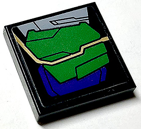 Lego Tile 2 x 2 with Dark Purple and Green Armor Plates and Gold Circuitry Pattern Model Right Side (Sticker) - Set 76097