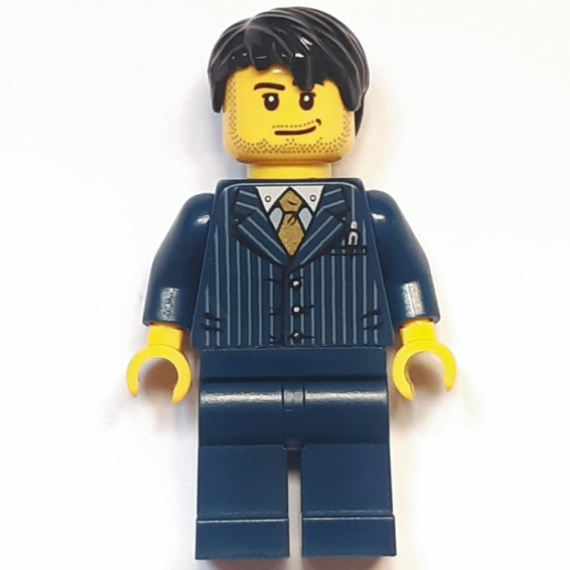 Lego Man, Dark Blue Pinstripe Suit with Gold Tie, Black Hair
