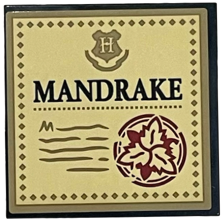 Lego Tile 4 x 4 with Black 'MANDRAKE', Dark Red Plant, Dark Tan Hogwarts Crest, Writing and Border on Tan Background Pattern (Sticker) - Set 76433 / Black