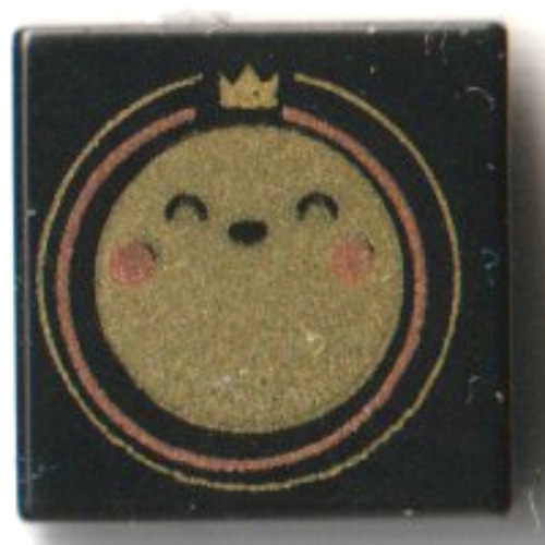 Lego Tile 1 x 1 with Gold Circle, Crown, Face/Smiley, Coral Circle, Cheeks Print / Black