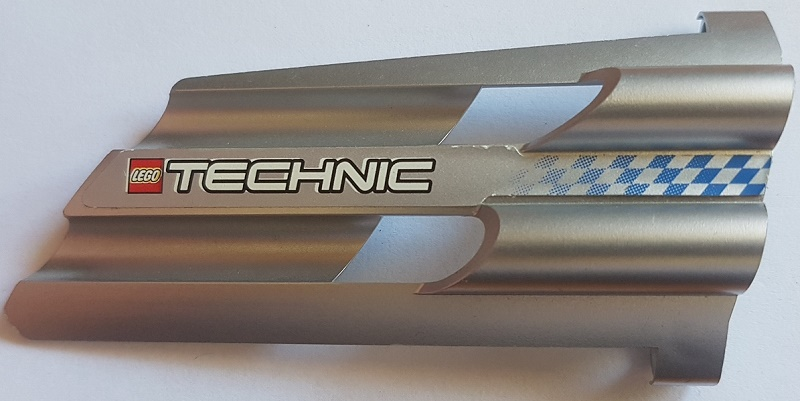 Lego Technic, Panel Fairing # 3 Large Long, Large Holes, Side A with LEGO TECHNIC Logo and Fading Blue Checkered Pattern (Sticker) - Set 8458