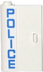 Lego Door 1 x 3 x 4 Left - Open Between Top and Bottom Hinge with Blue 'POLICE' Vertical Pattern (Sticker) - Set 60044 / White