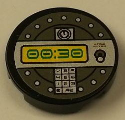 Lego Tile, Round 2 x 2 with Lime '00:30' Digital Display Pattern (Sticker) - Set 8632 / Black