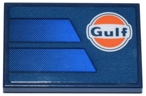 Lego Tile 2 x 3 with White and Orange Circle 'Gulf' Logo and Blue Gradient Panels Pattern Model Left Side (Sticker) - Set 77249