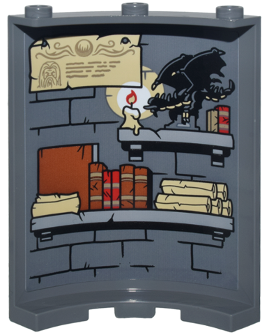 Lego Cylinder Quarter 4 x 4 x 6 with Brick Wall with Black Mortar, Light Bluish Gray Bookshelves, Scrolls, Books, Candle, Parchment and Black Dragon Pattern (Sticker) - Set 10333 / Dark Bluish Gray