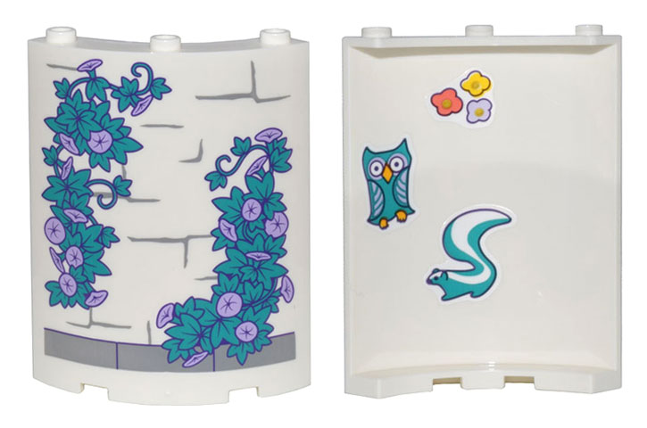 Lego Cylinder Quarter 4 x 4 x 6 with Dark Bluish Gray Brick Outlines and Dark Turquoise Vines on Outside, and Owl, Skunk, and 3 Flowers on Inside Pattern (Stickers) - Set 43205 / White