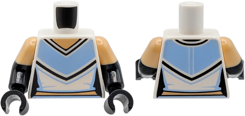 Lego Torso Female Vest with Bright Light Blue Panels and Black Lines, Medium Tan Neck and Midriff Pattern / Black Arms with Molded Medium Tan Short Sleeves Pattern / Black Hands