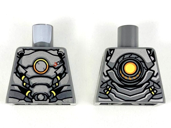 Lego Torso Silver Plate Armor, Orange and Yellow Circle, Yellow Highlights Pattern / Dark Bluish Gray