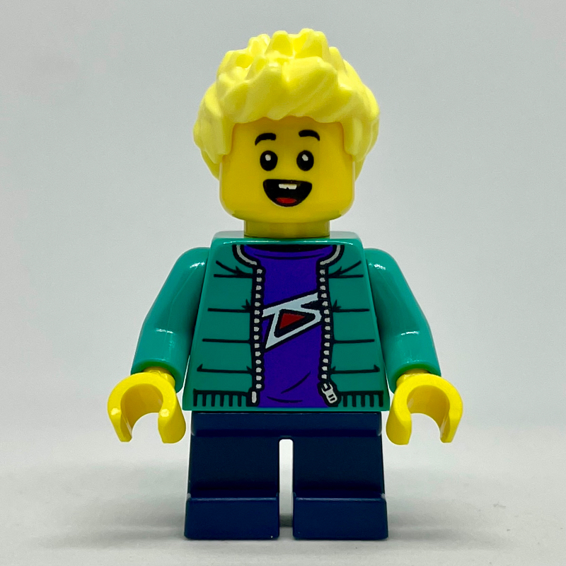 Lego Boy, Dark Turquoise Jacket, Short Dark Blue Legs