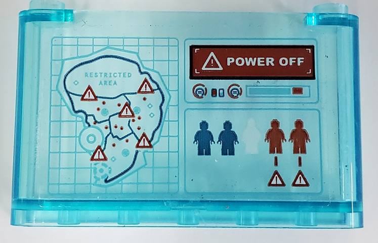 Lego Windscreen 1 x 6 x 3 with 'POWER OFF', Blue and Red Minifigures, Map of Island with 'RESTRICTED AREA' and Warning Triangles Pattern (Sticker) - Set 75939 / Trans-Light Blue