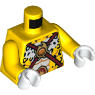 Lego Torso Bare Chest with Black Leopard Spots, Dark Red Straps and Fire Chi Emblem Print, Yellow Arms, White Hands