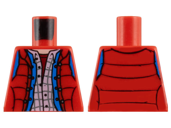 Lego Torso Puffy Vest Open with Buttons over Blue Jacket, White Plaid Shirt, and Dark Red Undershirt, Light Nougat Neck Pattern / Red