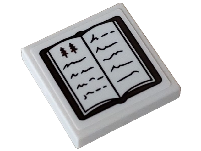 Lego Tile 2 x 2 with Book, Open with Dark Brown Pine Trees and Black Text Pattern (Sticker) - Set 10325
