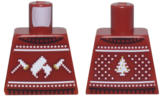 Lego Torso Knit Fair Isle Holiday Sweater with White and Gold Fire Logo, Axes, and Christmas Tree Pattern / Dark Red
