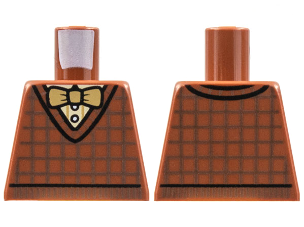 Lego Torso Cardigan Sweater, Dark Brown Crisscross Stripes, White Shirt, Tan Bow Tie Pattern / Reddish Brown