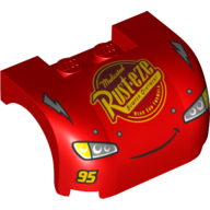 Lego Vehicle Body, Wheel Arch / Mudguard 3 x 4 x 1 2/3 Curved with Front with Headlights, Grill and 'Rust-eze' Print (10730-1) / Red