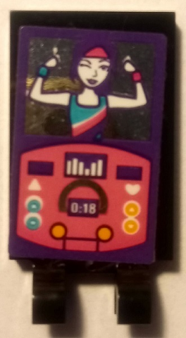 Lego Tile, Modified 2 x 3 with 2 Clips with Female Aerobics Instructor and Pink Screen with Buttons Pattern (Sticker) - Set 41312 / Black