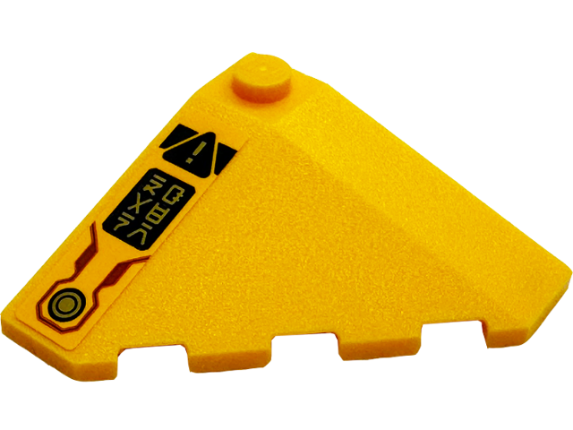 Lego Wedge 4 x 4 (Slope 18 Corner) with Gold Circle, Exclamation Mark in Danger Triangle and Ninjago Logogram 'DANGER' on Black Background Pattern Model Left Side (Sticker) - Set 71833 / Bright Light Orange