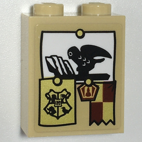 Lego Brick 1 x 2 x 2 with Inside Stud Holder with Black Owl, Gold Hogwarts Crest and Gryffindor Banner Pattern (Sticker) - Set 75968