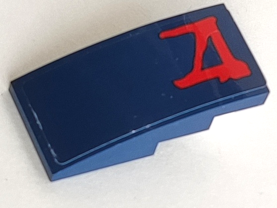 Lego Slope, Curved 4 x 2 with Red Stylized 'A' Pattern (Sticker) - Set 75087 / Dark Blue