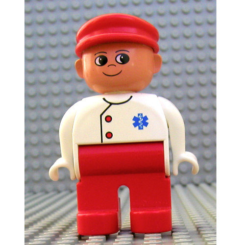 Lego Duplo Figure, Early, with Flat Cap Red, Red Legs, Two Red Buttons and Blue EMT Star of Life Print / White