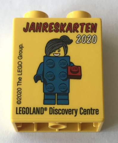 Lego Duplo, Brick 1 x 2 x 2 with JAHRESKARTEN 2020 Brick Suit Girl LEGOLAND Discovery Centre Pattern / Yellow