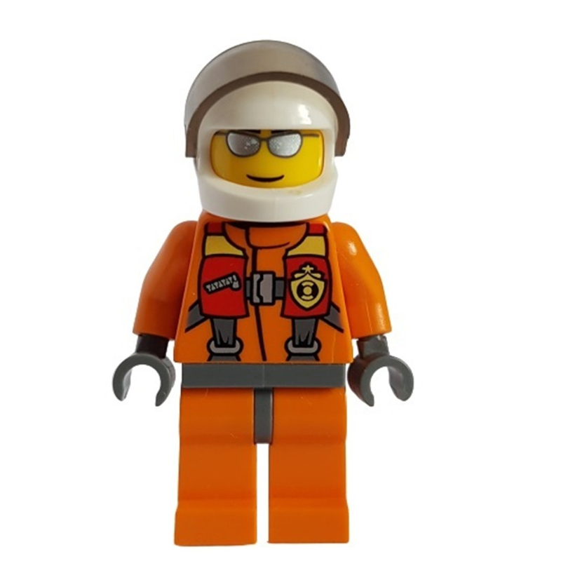Lego Coast Guard, Orange Jumpsuit, White Helmet with Visor, Silver Sunglasses