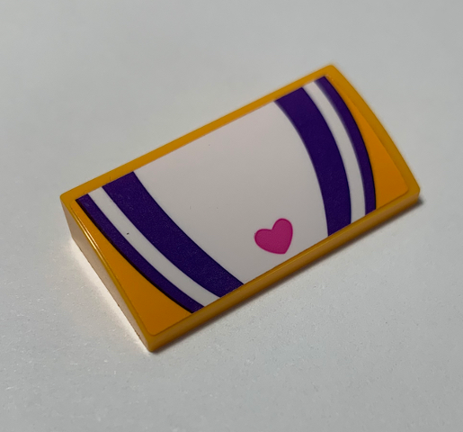 Lego Slope, Curved 2 x 4 x 2/3 with Bottom Tubes with Dark Purple and White Stripes and Heart Pattern (Sticker) - Set 41320 / Bright Light Orange