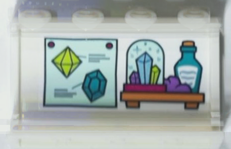 Lego Panel 1 x 4 x 2 with Side Supports - Hollow Studs with Crystals and Bottle on Shelf and Picture of Gems Pattern (Sticker) - Set 43215 / White