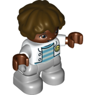 Lego Duplo Figure Child with Short Wavy Hair Brown, Light Bluish Gray Legs, Jacket over Striped Shirt Print