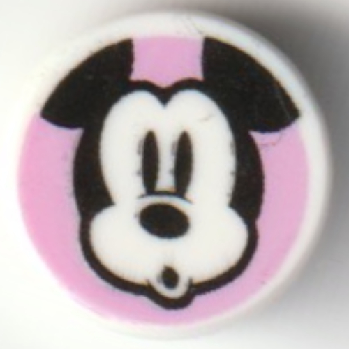 Lego Tile Round 1 x 1 with Mickey Mouse, Surprised on Bright Pink Background Print / White