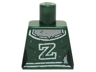 Lego Torso Female Outline with White 'Z' and Trim, Mud Splotches and Gray Skin Pattern / Dark Green