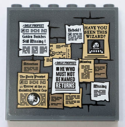 Lego Panel 1 x 6 x 5 with Daily Prophet Newspaper Pages, Missing Notices and 'HAVE YOU SEEN THIS WIZARD?' Wanted Posters Pattern (Stickers) - Set 75978 / Dark Bluish Gray