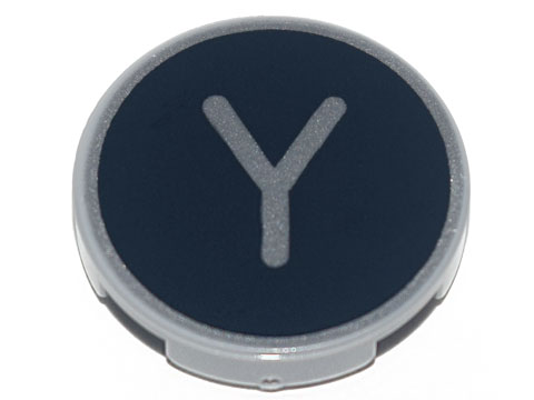 Lego Tile, Round 2 x 2 with Bottom Stud Holder with Silver Capital Letter Y on Black Background Pattern