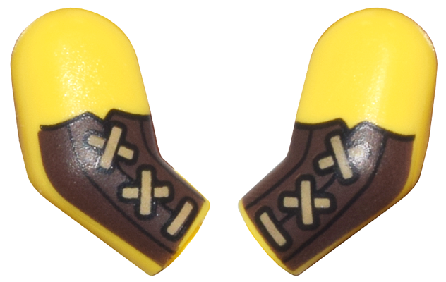 Lego Arm, (Matching Left and Right) Pair with Dark Brown Bracers and Dark Tan Straps Pattern / Yellow