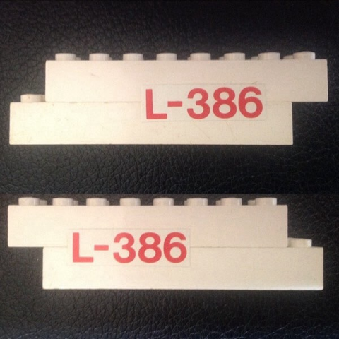 Lego Stickered Assembly 9 x 2 x 2 with Red 'L-386' Pattern on Both Sides (Stickers) - Sets 386 / 770