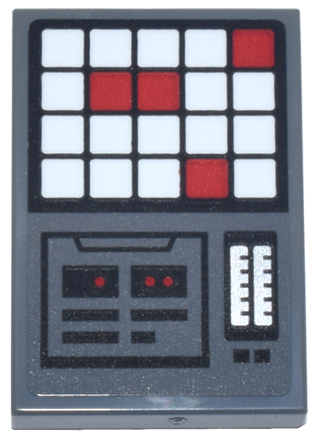 Lego Tile 2 x 3 with Control Panel, Red and White Lights and Buttons Grid, Silver Level Gauges, Large Black Rectangle Pattern (Sticker) - Set 75419