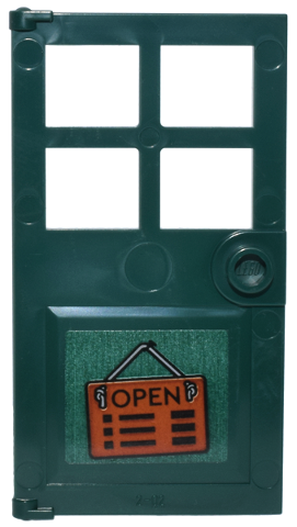Lego Door 1 x 4 x 6 with 4 Panes and Stud Handle with Dark Orange Sign, Light Bluish Gray String with Knots, Black 'OPEN' and Text Pattern (Sticker) - Set 910050