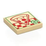 Lego Tile 2 x 2 with Pizza Box, Red Smiling Pizza, Green Border Print / Tan