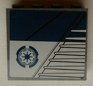 Lego Panel 1 x 4 x 3 with Side Supports - Hollow Studs with Dark Blue Rectangle and SW Galactic Republic Logo Pattern Model Left Side (Sticker) - Set 75046 / Dark Bluish Gray