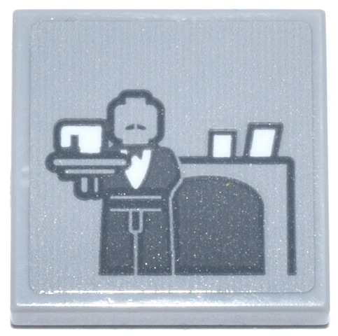 Lego Tile 2 x 2 with Dark Bluish Gray Alfred Pennyworth Minifigure with White Shirt, Cup and Cards on Fireplace Pattern (Sticker) - Set 76271 / Light Bluish Gray