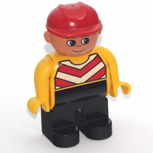 Lego Duplo Figure, Early, Hard Hat Red, Black Legs, Chevron Vest, Yellow Arms Print