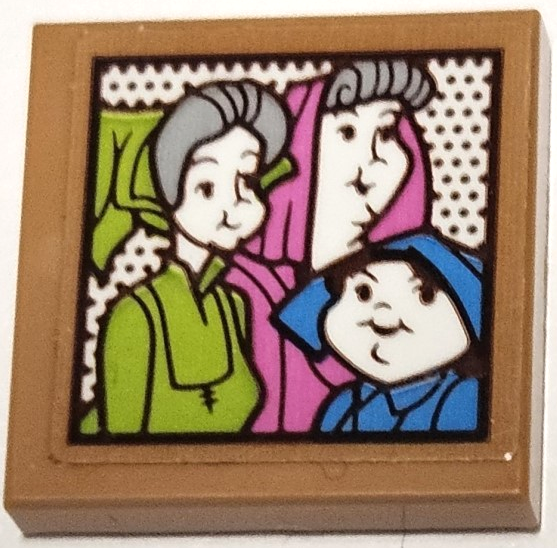 Lego Tile 2 x 2 with Portrait Picture of the 3 Fairy Godmothers, Flora, Fauna and Merriweather with Dark Azure, Dark Pink and Lime Dresses Pattern (Sticker) - Set 43188 / Medium Nougat