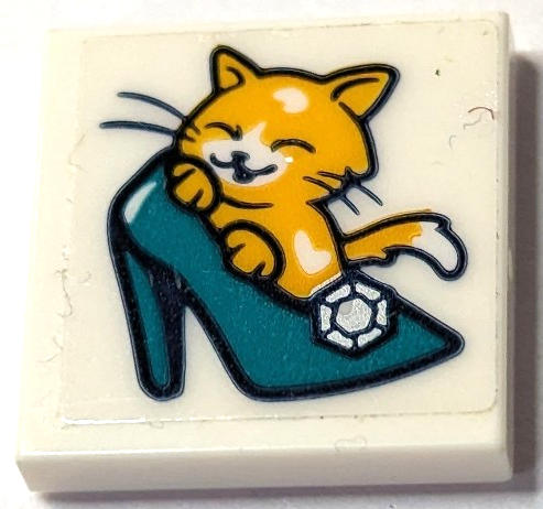 Lego Tile 2 x 2 with Bright Light Orange Cat in Dark Turquoise Shoe with Heel and Silver Gem Pattern (Sticker) - Set 41427 / White